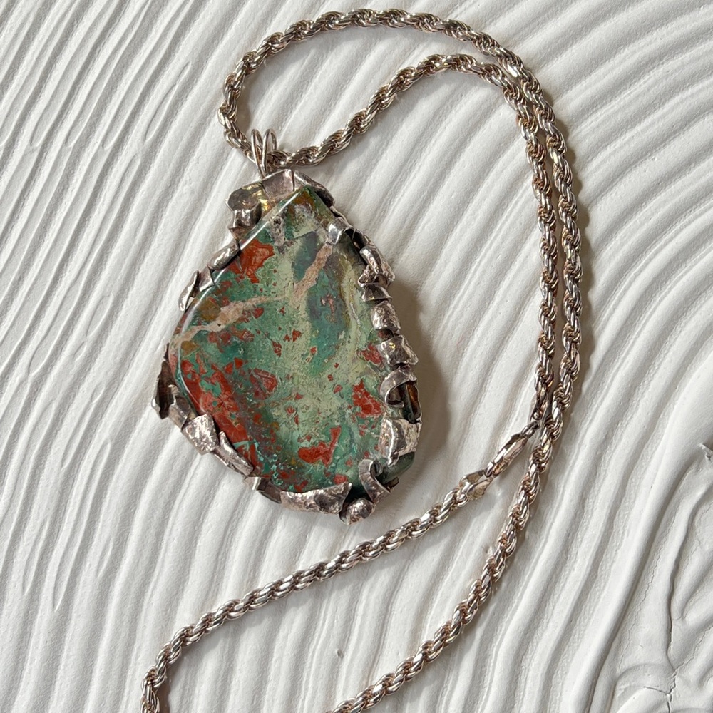 LEE Bloodstone Gemstone Handmade Silver Jewelry Pendant Brooch 925 B ITALY Chain